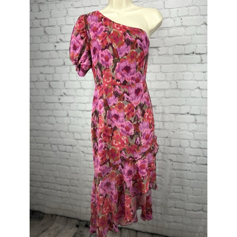 Showpo Purple Pink Floral Layered One Shoulder Zip High Low Dress Size Small S